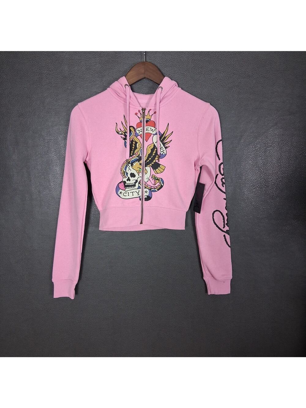 Ed Hardy Hoodie Womens XS Fleece Jacket Skull Tiger Tattoo Y2K Pink Full Zip